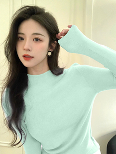 半高领针织打底衫女秋冬洋气薄荷绿内搭中领毛衣修身百搭气质上衣