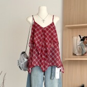 无袖 泰式 度假风复古显瘦格纹双层外穿吊带背心女夏薄款 不规则上衣