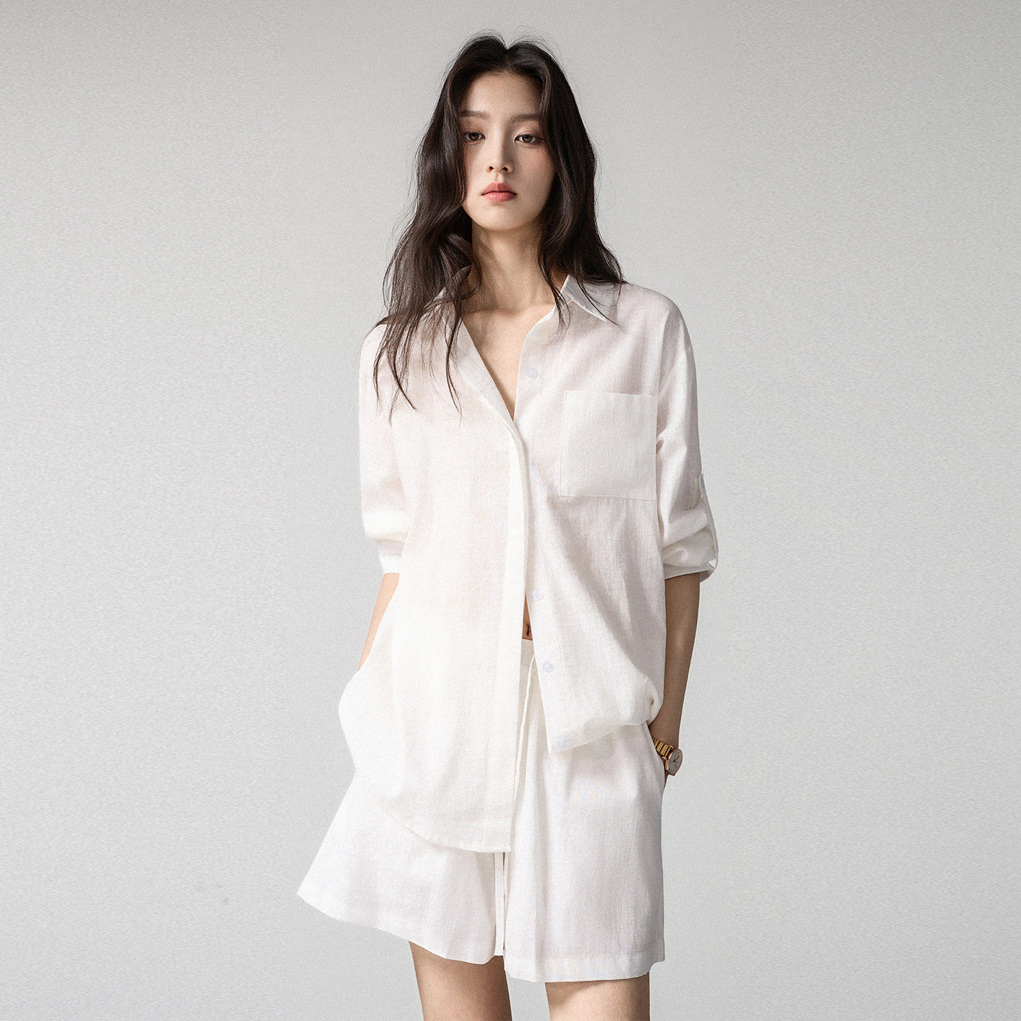 白色亚麻老钱风衬衫女夏薄款慵懒松弛高级感棉麻衬衣短裤防晒套装,女装/女士精品,衬衫,淘宝优惠券,粉丝福利购,淘宝优惠卷