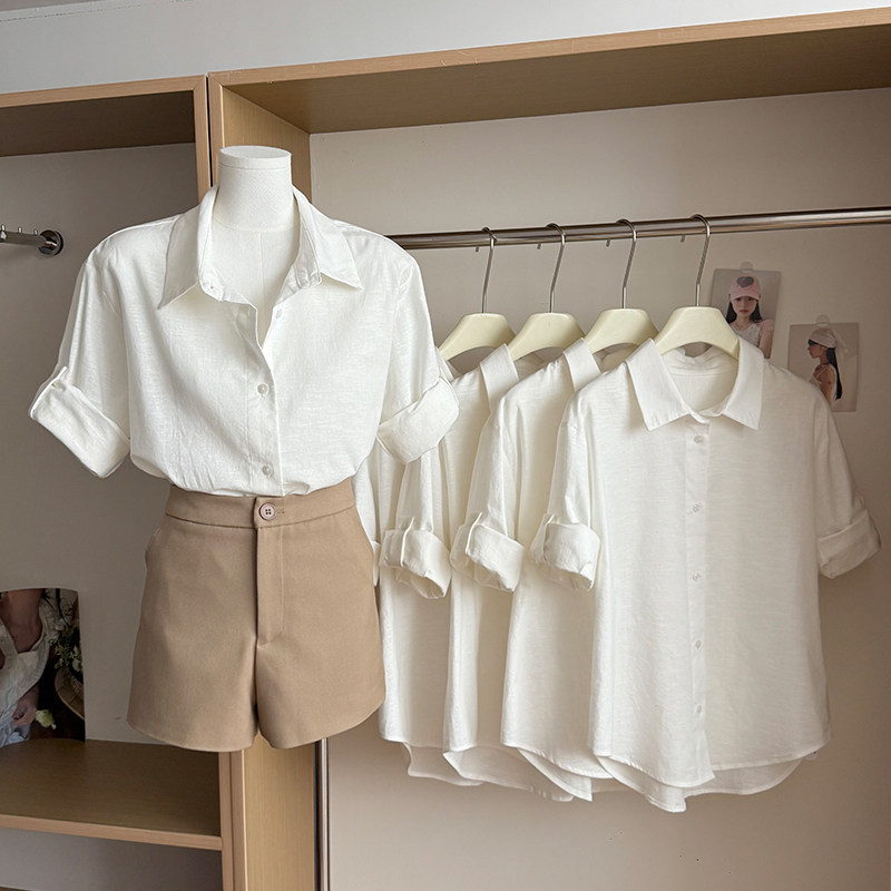 白色亚麻衬衫正肩短袖女夏季休闲气质老钱风棉麻衬衣法式小资上衣,女装/女士精品,衬衫,淘宝优惠券,粉丝福利购,淘宝优惠卷