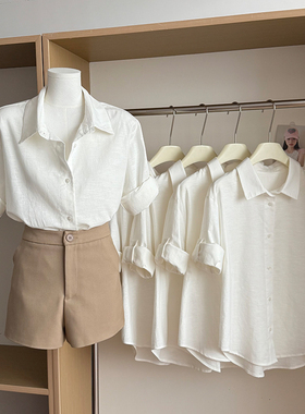 白色亚麻衬衫正肩短袖女夏季休闲气质老钱风棉麻衬衣法式小资上衣