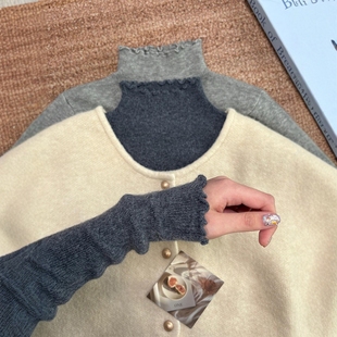 灰色木耳边半高领长袖针织衫女秋冬叠穿内搭高级感毛衣打底衫上衣