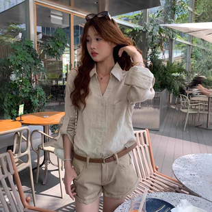 原麻色亚麻老钱风衬衫女夏薄款松弛感设计感V领棉麻衬衣防晒上衣