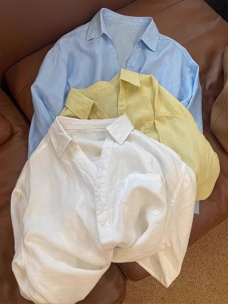 法式白色亚麻长袖衬衫女夏季薄款宽松设计感小众衬衣外搭防晒上衣