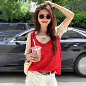 红色背心假两件短袖 t恤女夏薄款 正肩宽松显瘦设计感独特漂亮上衣