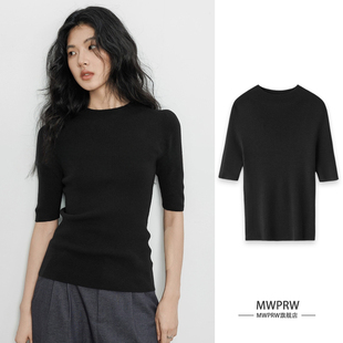 高级感气质黑色打底衫正肩短袖女早春修身显瘦中袖内搭针织衫上衣