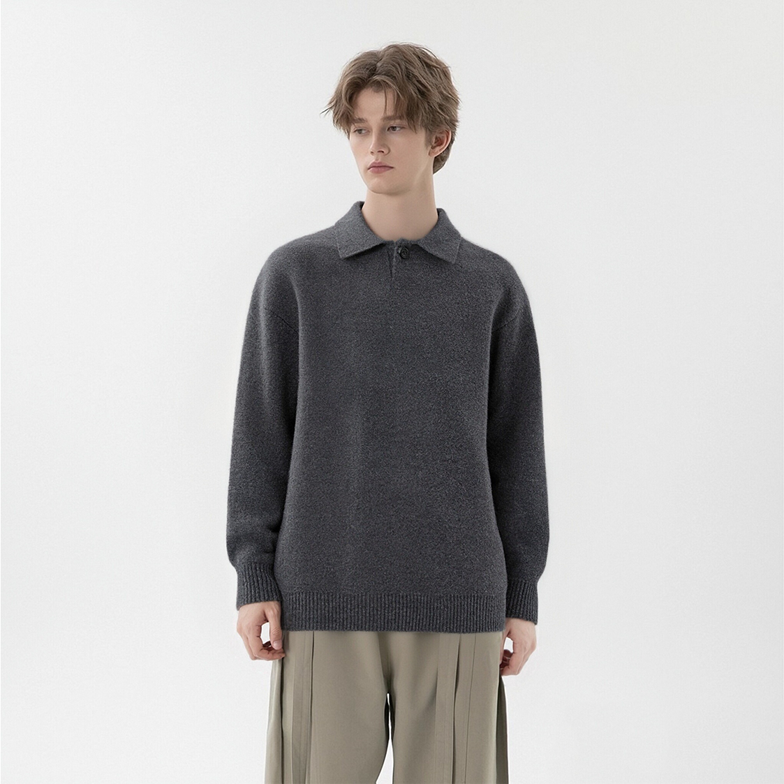 ozgm 老钱风翻领毛衣男士秋冬款宽松polo领针织衫高级感上衣