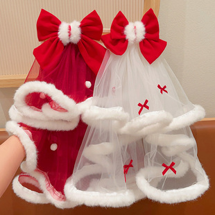 圣诞发饰儿童高级感女童蝴蝶结网纱头饰女孩超仙头纱红色顶夹