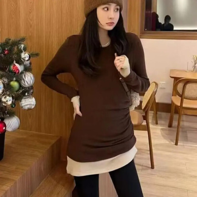 中长款长袖磨毛T恤女秋冬新款褶皱收腰显瘦双层打底衫不规则上衣