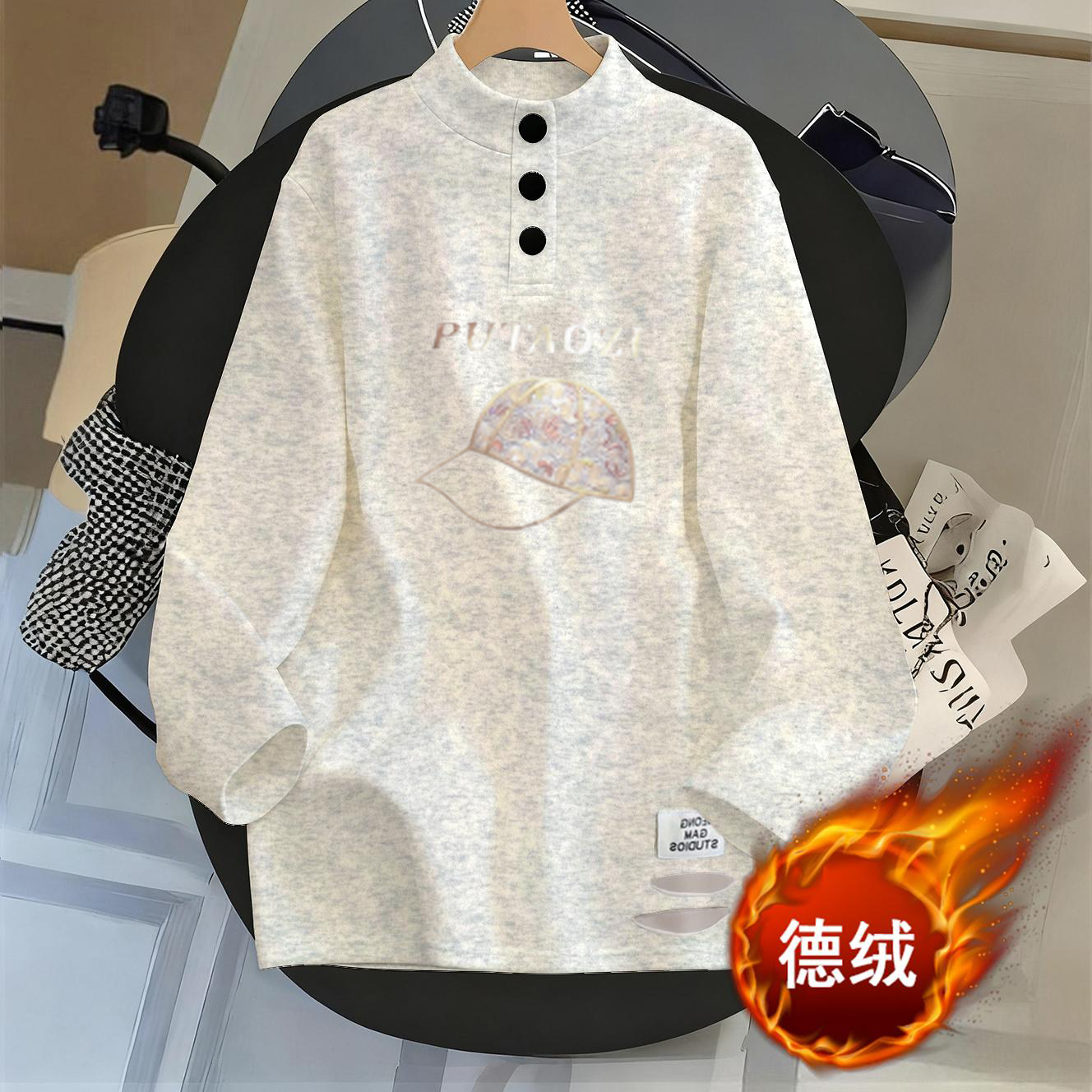 印花打底衫中长款破洞下摆2025秋冬新款显瘦上衣半高领德绒T恤女