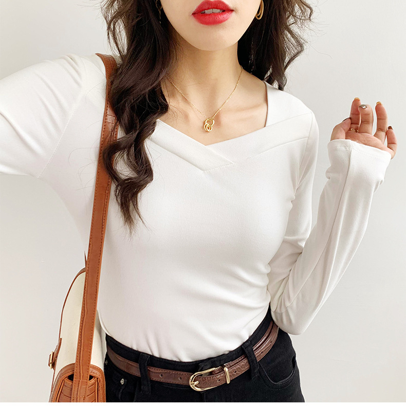 纯色简约V领长袖T恤女春秋德绒磨毛打底衫韩版内搭修身显瘦上衣服