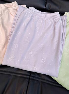 春秋新款宽松大码300斤可穿休闲百搭高级绿色凹凸kt猫家居长裤