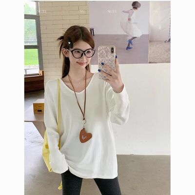 2025秋季新款纯色u领t恤女长袖简约宽松打底衫显瘦内搭松弛感上衣