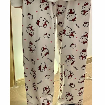 KT猫睡裤女夏季新款宽松遛弯裤卡通可外穿薄款直筒裤长裤女云朵棉
