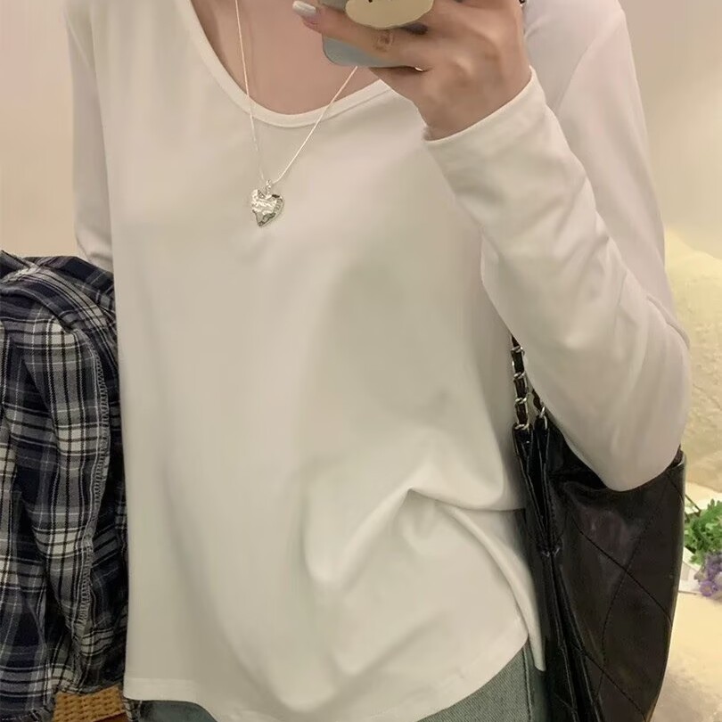 秋冬季德绒白色t恤女大码80-300斤可穿宽松休闲简约高级长袖上衣