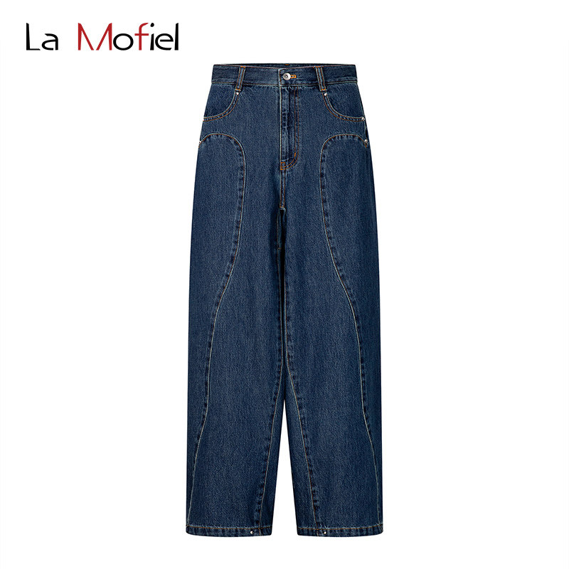 La Mofiel/蓦霏波浪纹拼接廓形牛仔阔腿裤男女同款蓝色牛仔阔腿裤