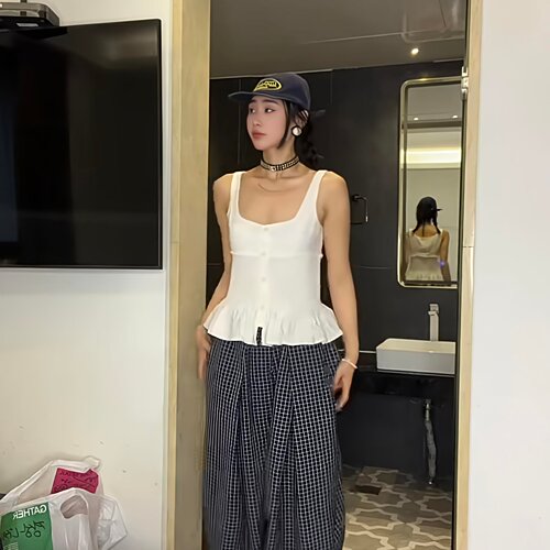夏季白色荷叶边收腰吊带背心