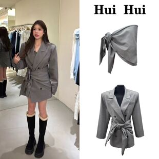 双排扣收腰束高级感气质职场 外套女长袖 韩版 灰色玫瑰花腰封西装