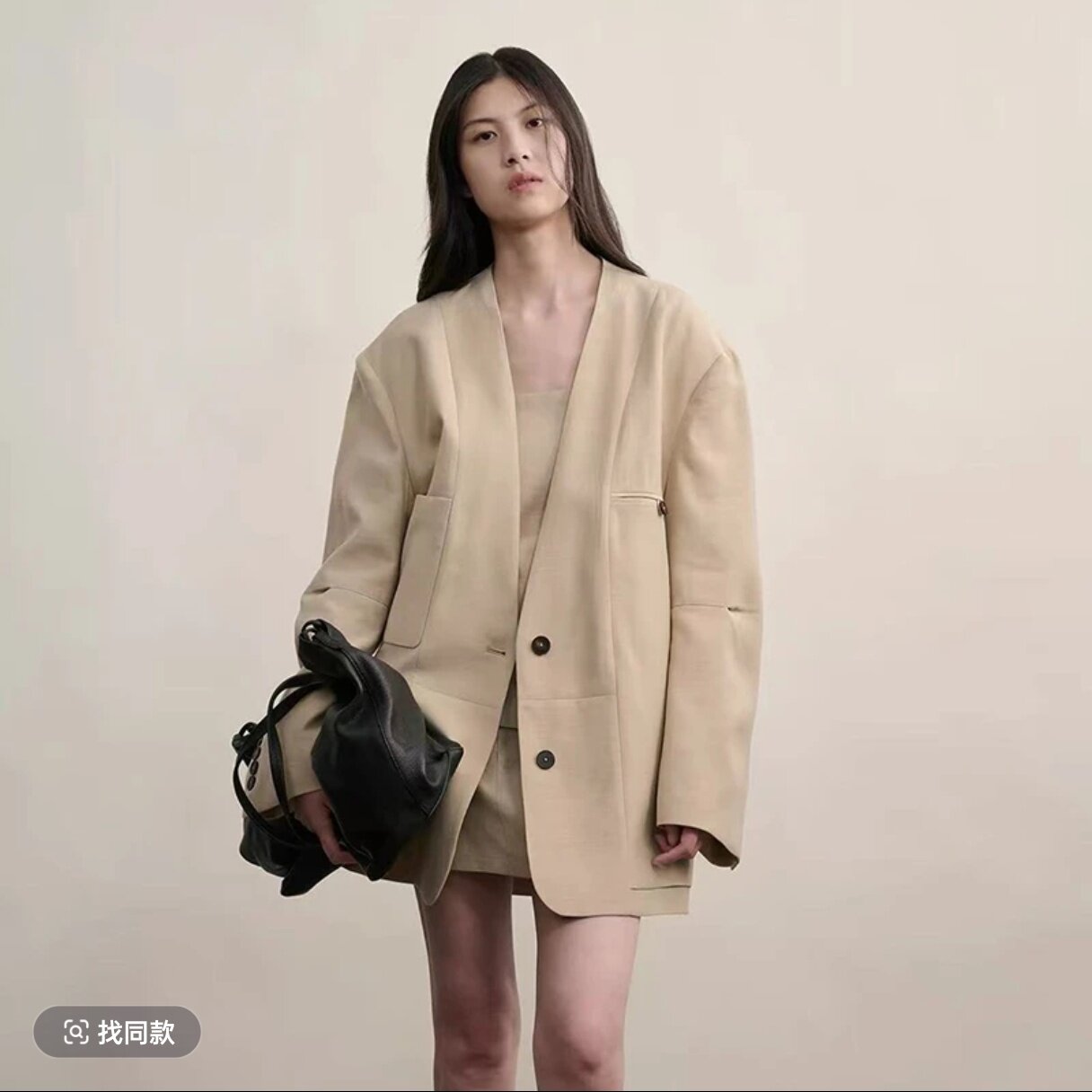 轻熟简约风杏色廓形西装外套连衣裙套装女26宽松休闲外套两件套