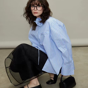 2025春夏法式 miu风廓型防晒上衣女 设计感小众玫瑰花条纹宽松衬衫