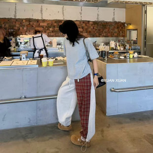 通勤直筒裤 26s复古红色格纹撞色阴阳面阔腿裤 女高腰宽松休闲长裤