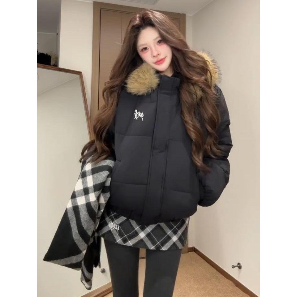 美式复古毛领黑色连帽棉