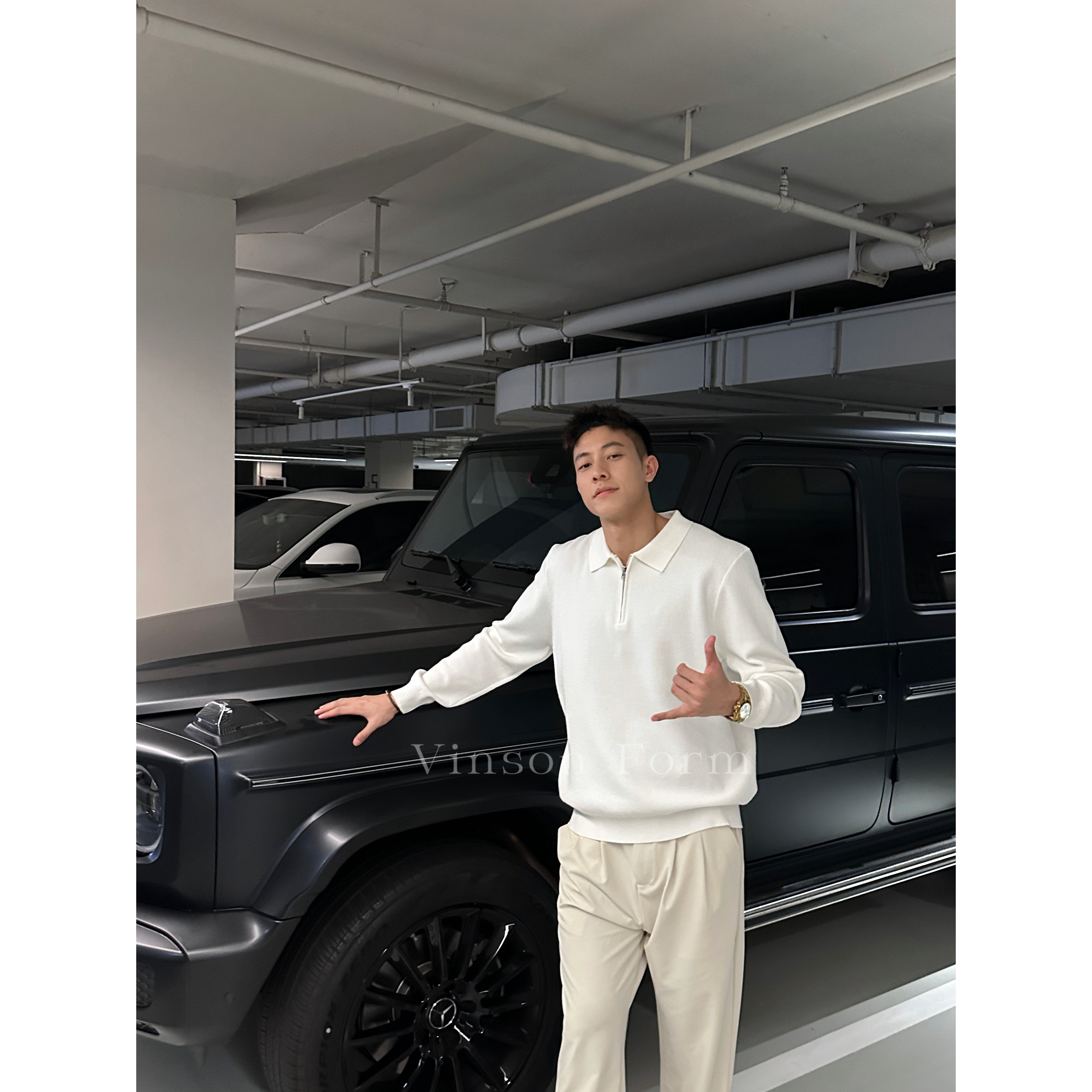 三木/Vinson Form简约高级通勤’针织长袖商务翻领半拉链老钱毛衣