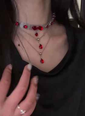 血色泪珠宫廷红锆石流苏锁骨链