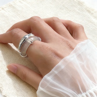 设计感S925纯银新中式 冰透天然白玉髓双层戒指高级感食指戒气质