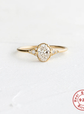 S925纯银迷你几何椭圆形钻石订婚戒指韩版气质个性轻奢镶钻食指戒