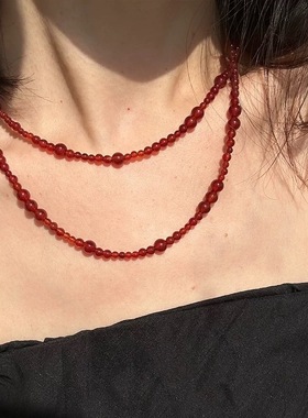 法式复古不规则红玛瑙串珠项链小众设计高级感时尚百搭长款毛衣链
