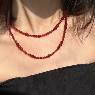 毛衣链 百搭长款 法式 复古不规则红玛瑙串珠项链小众设计高级感时尚