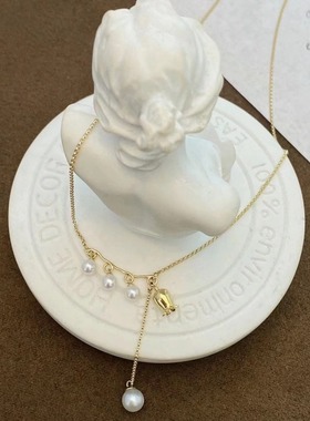 纯银S925镀18K黄金色施加珍珠铃兰花项链甜美可爱新中式吊坠锁家