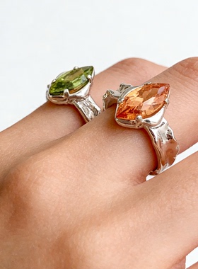 s925纯银女不规则个性百搭橄榄绿锆石戒指简约冷淡风气质芬达指环