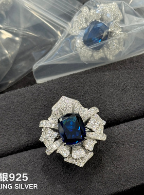 纯银S925海蓝宝花朵高级感闪钻戒指独特大花层次感蓝宝石镶钻醒目