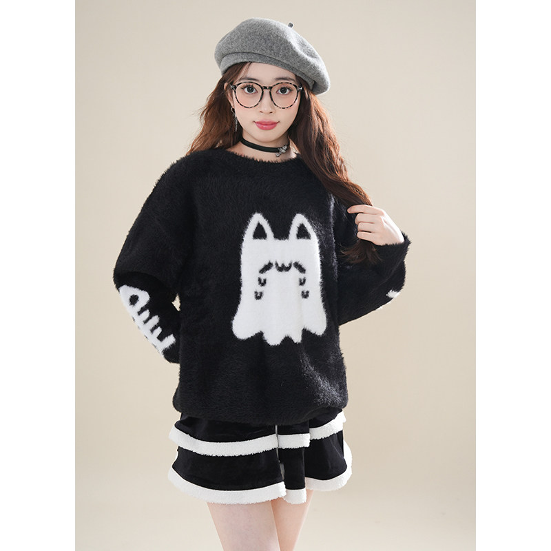 幽灵猫猫黑色毛衣宽松保暖毛茸茸圆领上衣+短裙冬季新款套装