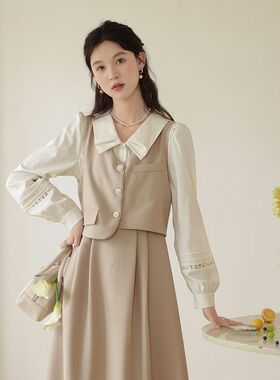 《秋暮事纪》法式赫本风翻领连衣裙女秋季设计感小众裙子衬衫套装