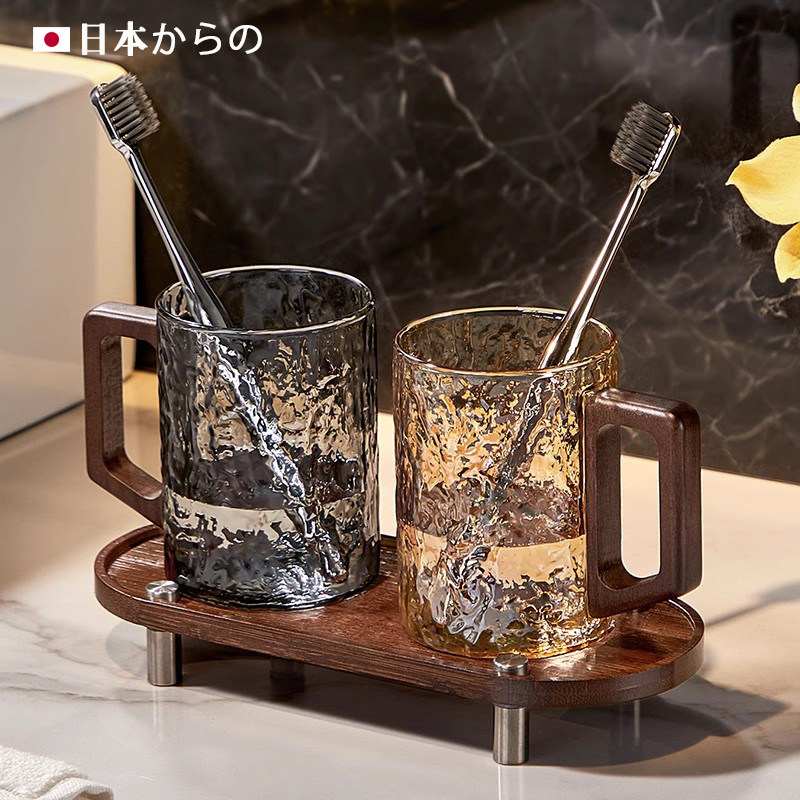 高级感漱口杯家用玻璃刷牙杯子情侣一对洗漱杯高档牙缸牙具带托