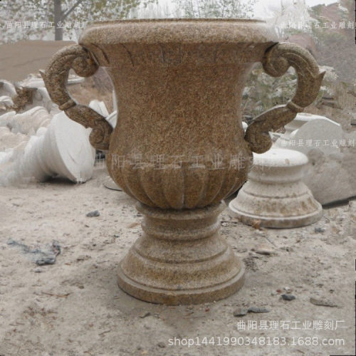 厂家供应石雕花钵花盆花岗岩黄金麻欧式大理石花钵园林小区装饰件