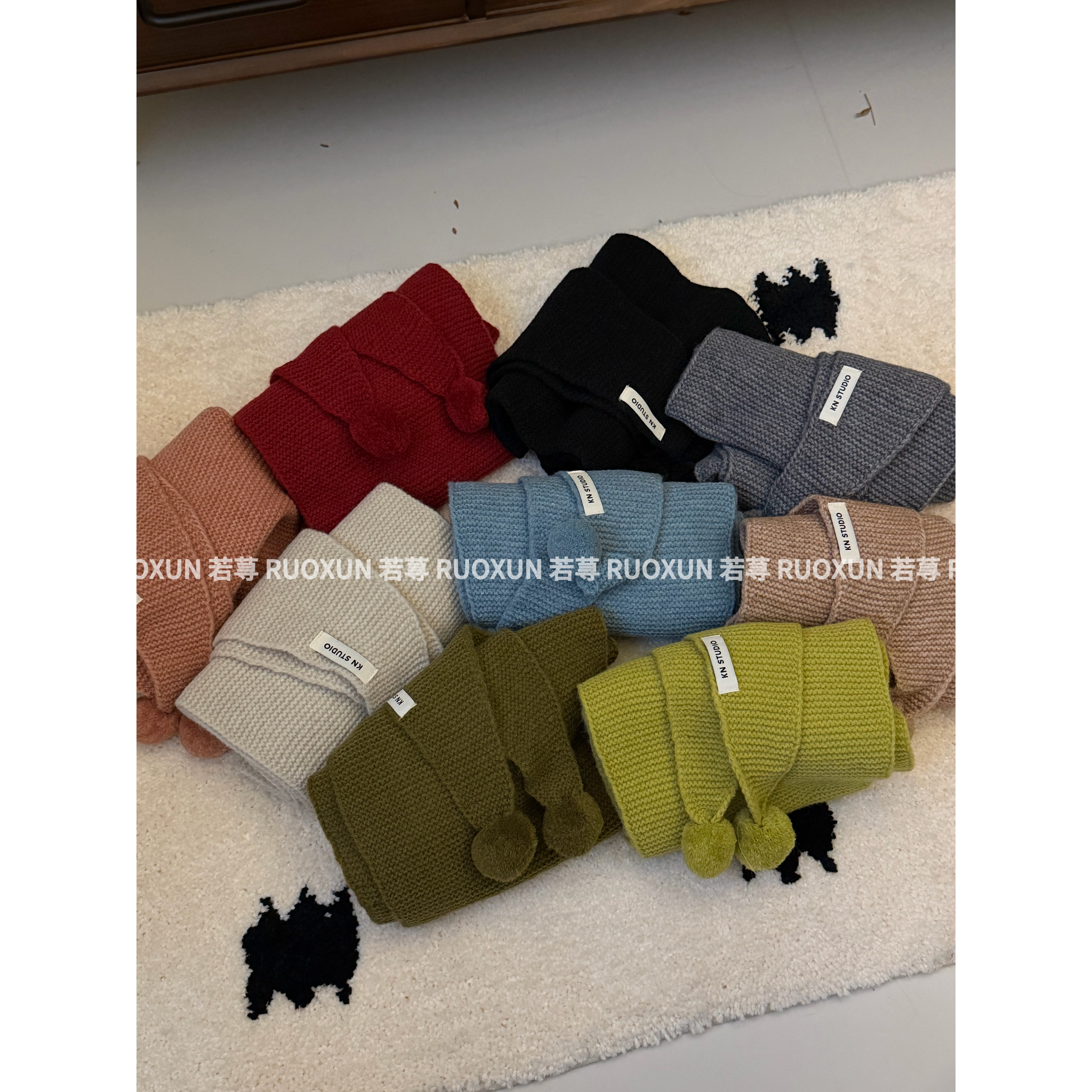 RuoXun多色针织围巾女秋冬软糯加厚保暖韩系百搭带球装饰围脖披肩
