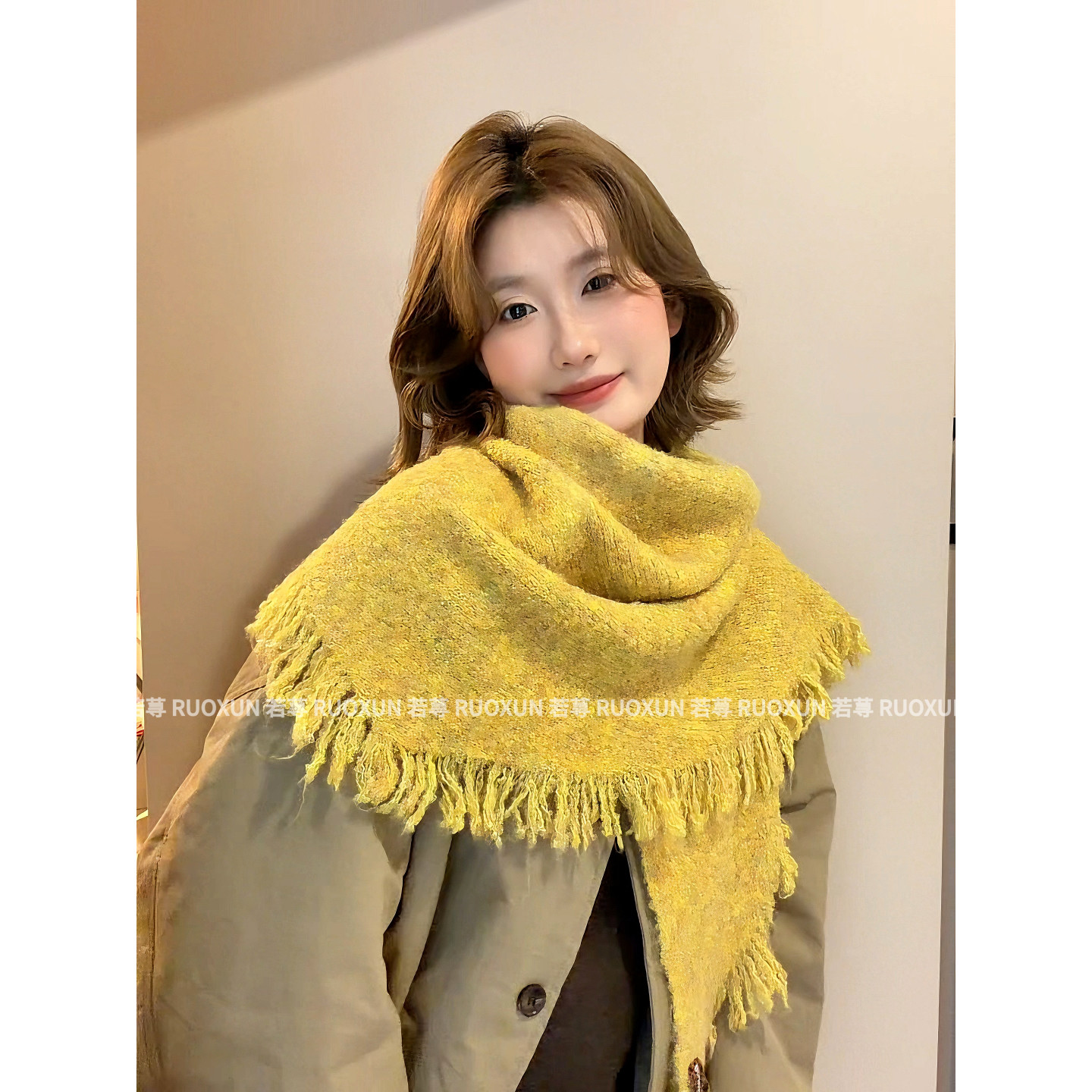 RUOXUN仿羊绒冬季保暖围巾男女通用流苏款氛围感软糯亲肤围脖披肩