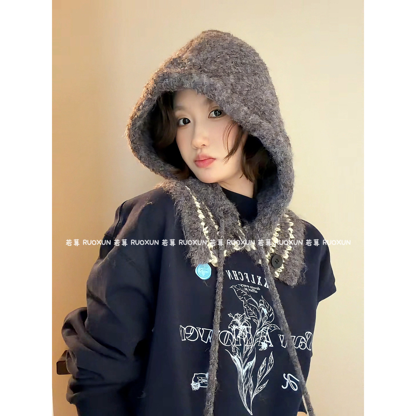 RuoXun条纹毛绒巴拉克拉法帽女冬季保暖加厚护耳连帽围脖一体帽子