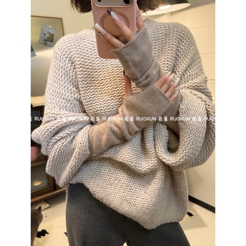 RuoXun秋冬浣熊绒长款半指手套女针织加厚保暖叠穿袖套触屏显白