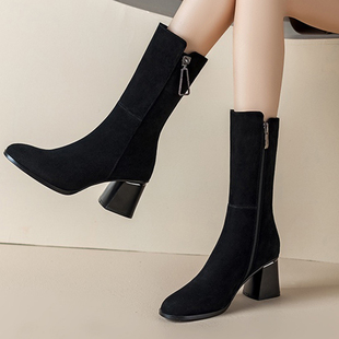 羊皮中筒靴高跟2025冬季新款加绒真皮磨砂皮女靴圆头百搭瘦瘦靴