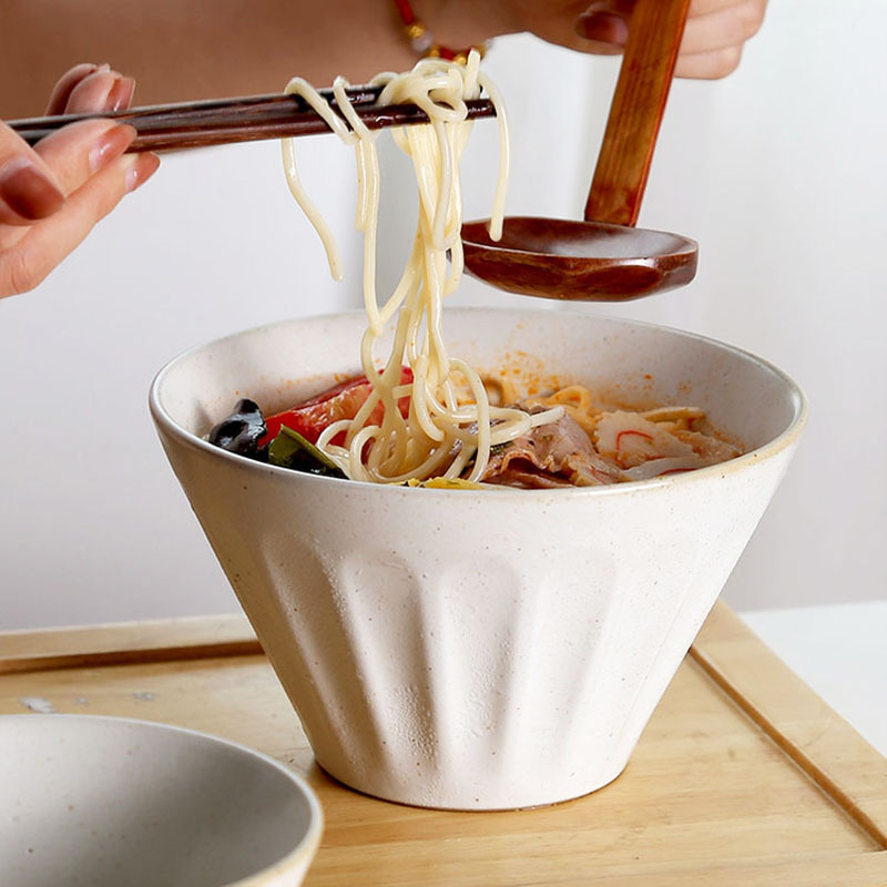 日式粗陶哑光浮雕陶瓷拉面碗家用大汤碗喇叭碗高脚斗笠碗真工厂