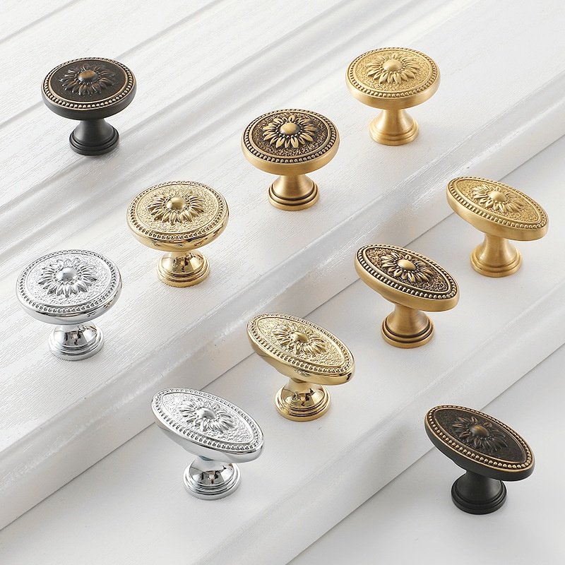 欧式衣柜拉手纯铜单孔实心美式仿古法式轻奢椭圆全黄铜橱柜门把手