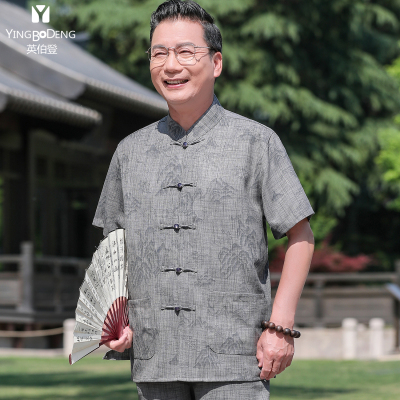 唐装男棉麻套装中老年人衣服夏
