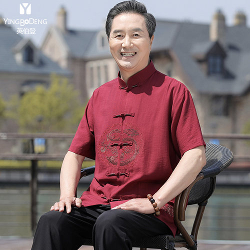 唐装男中老年中国风短袖套装爷爷