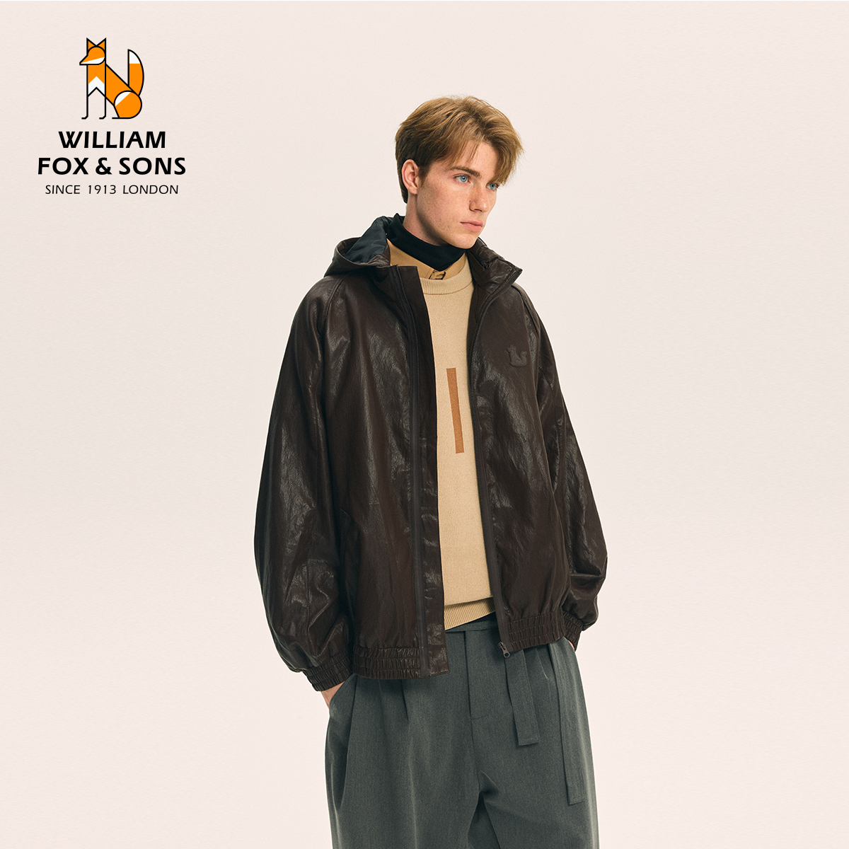 英国小狐狸仿小羊皮连帽皮衣