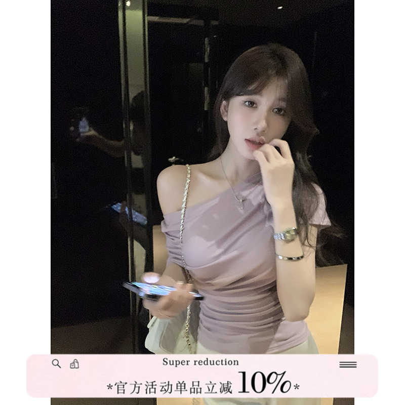 愉悦愉悦 紫色短款斜肩褶皱短袖T恤女夏季性感收腰一字肩荡领上衣